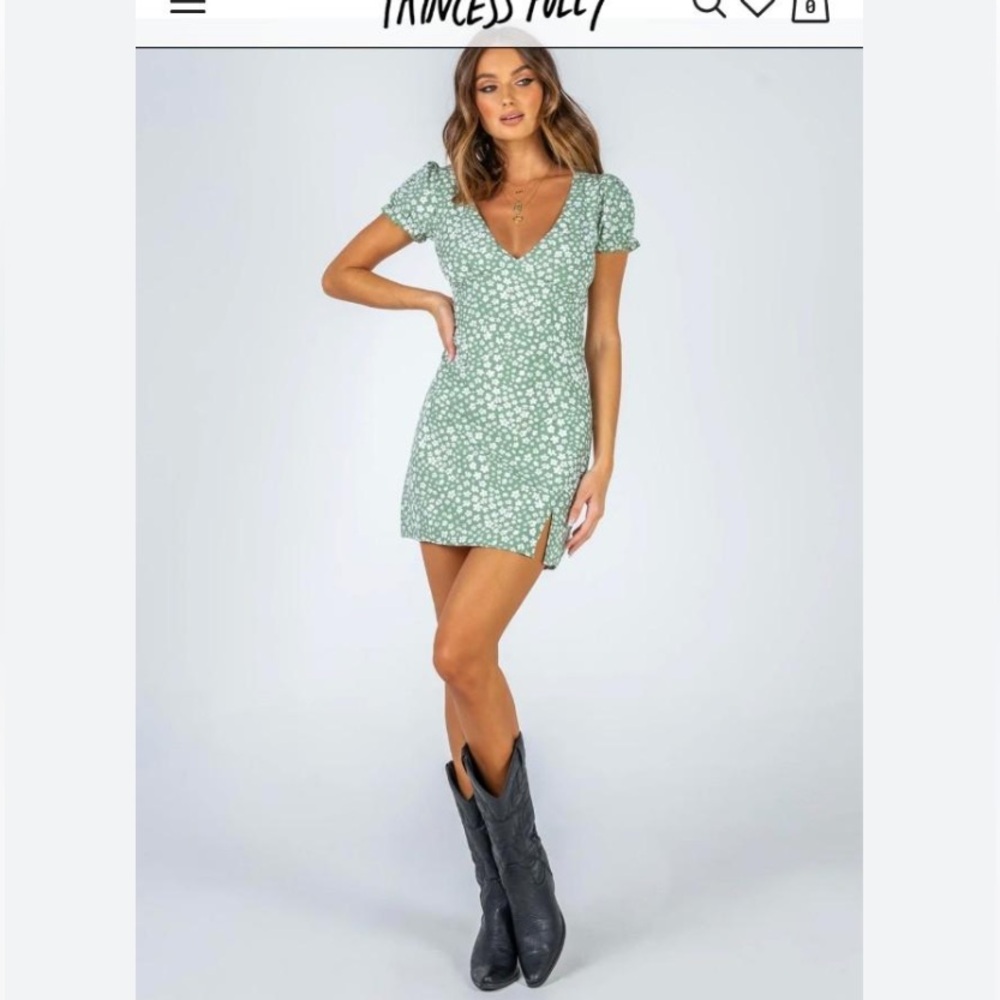Princess Polly Green Floral Daisy Puff Sleeve Mini Dress - Picture 2 of 16